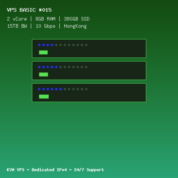VPS Basic 015 - 2 CORES / 8GB RAM / 380GB SSD - HongKong