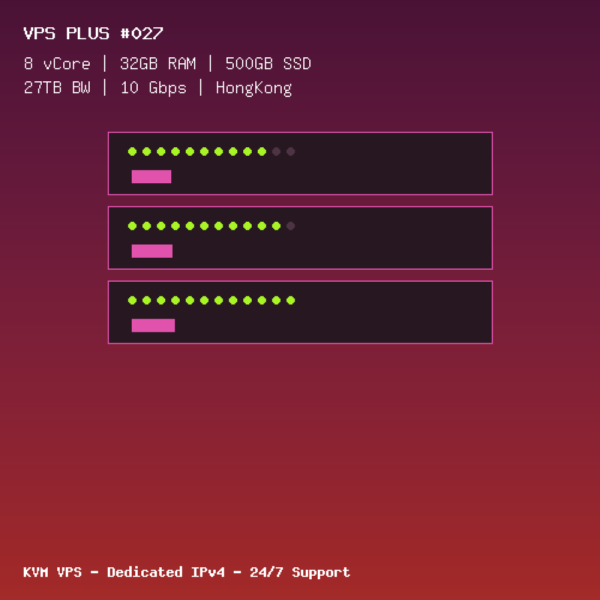 VPS Plus 027 - 8 CORES / 32GB RAM / 500GB SSD - HongKong VPS Plus 027 - 8 CORES / 32GB RAM / 500GB SSD - HongKong