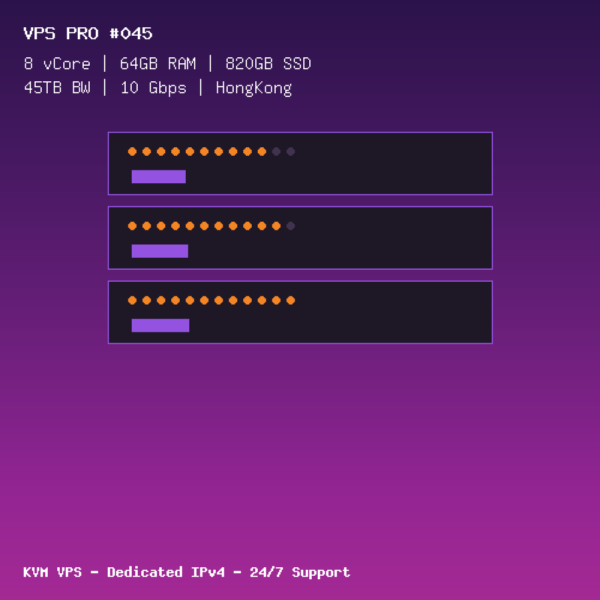 VPS Pro 045 - 8 CORES / 64GB RAM / 820GB SSD - HongKong VPS Pro 045 - 8 CORES / 64GB RAM / 820GB SSD - HongKong